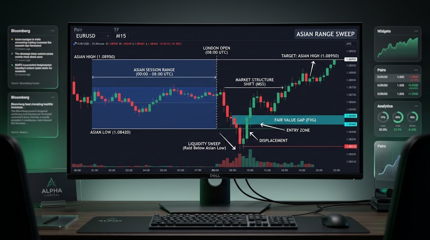 Asian Range Liquidity Sweep trading setup on EURUSD showing consolidation box, Judas swing raid, displacement, and Fair Value Gap entry