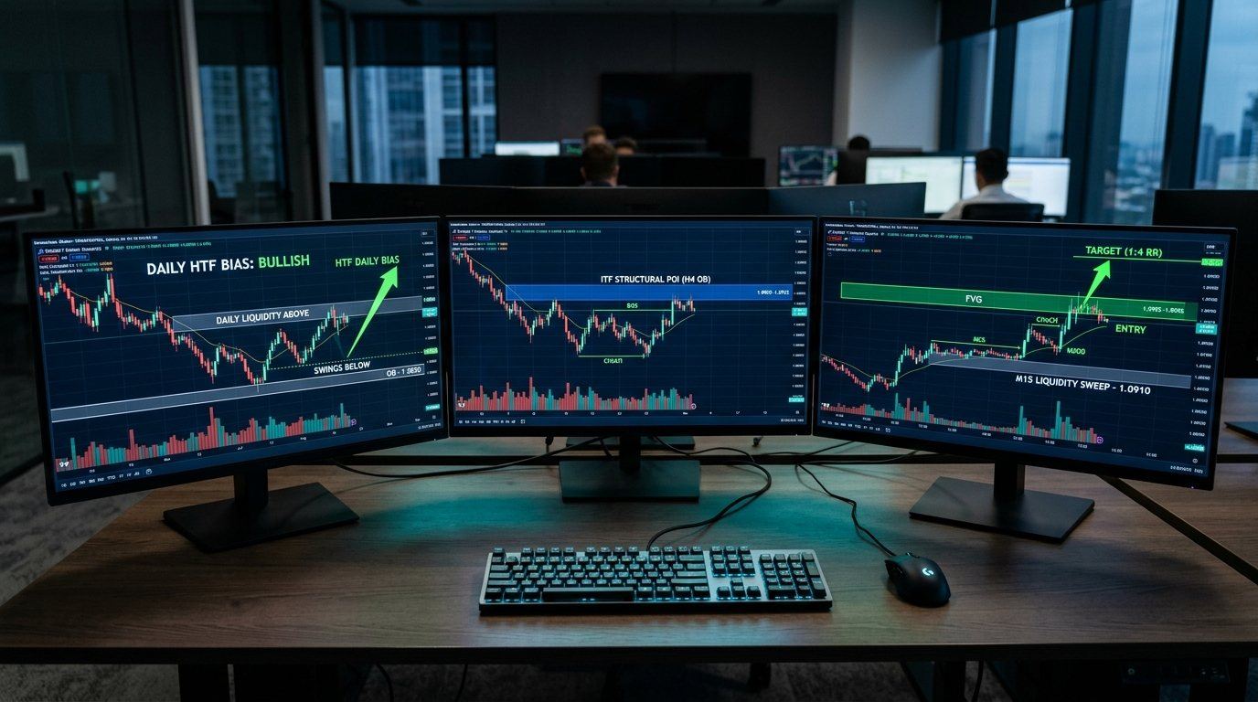 Triple monitor institutional trading desk displaying multi-timeframe SMC alignment across Daily Bias, 4H Order Block POI, and M15 execution chart