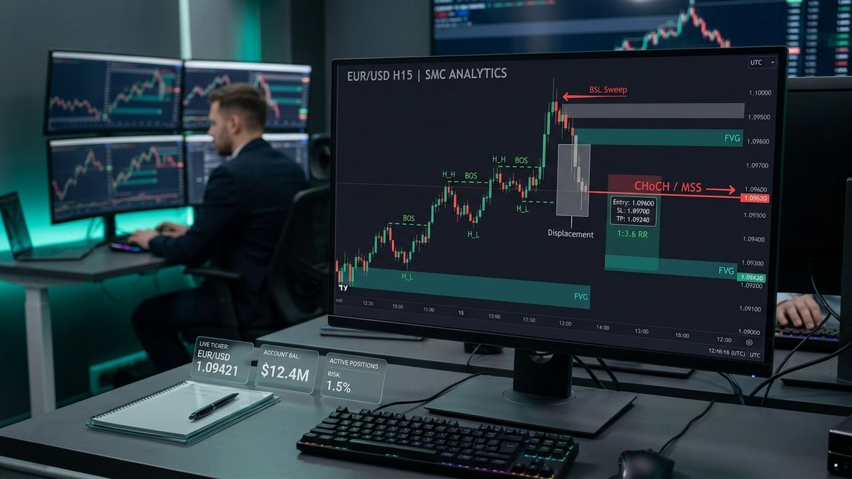 Institutional trading screen showing Break of Structure BOS and Change of Character CHoCH market structure analysis