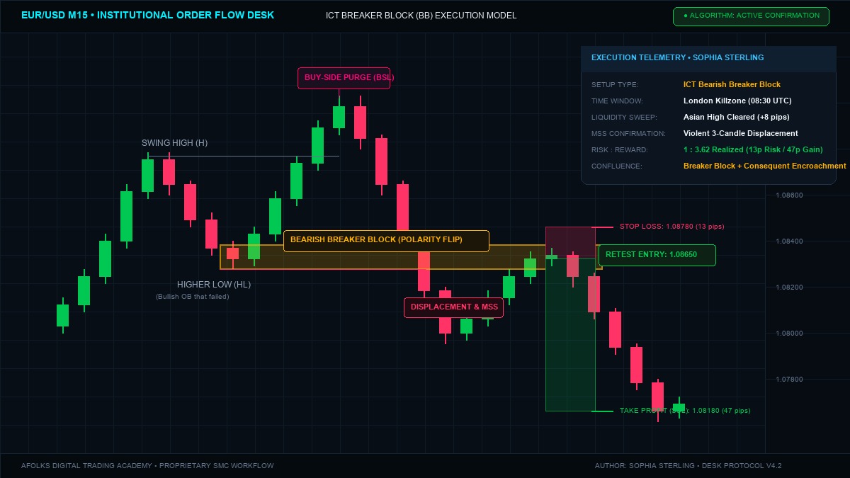 Institutional ICT Breaker Block trading strategy chart showing liquidity sweep, displacement, and polarity flip retest