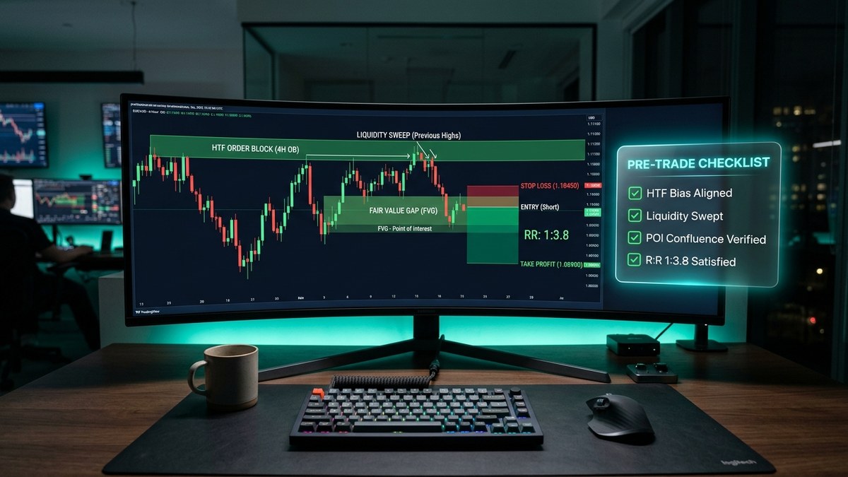 Ultra-wide curved trading monitor displaying multi-layered confluence setup with a glowing pre-trade checklist card