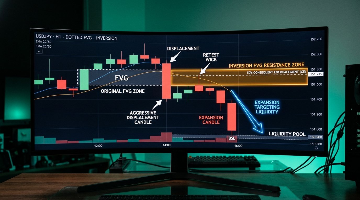 Inversion Fair Value Gap IFVG trading setup showing displacement candle slicing through gap, 50% Consequent Encroachment retest, and expansion