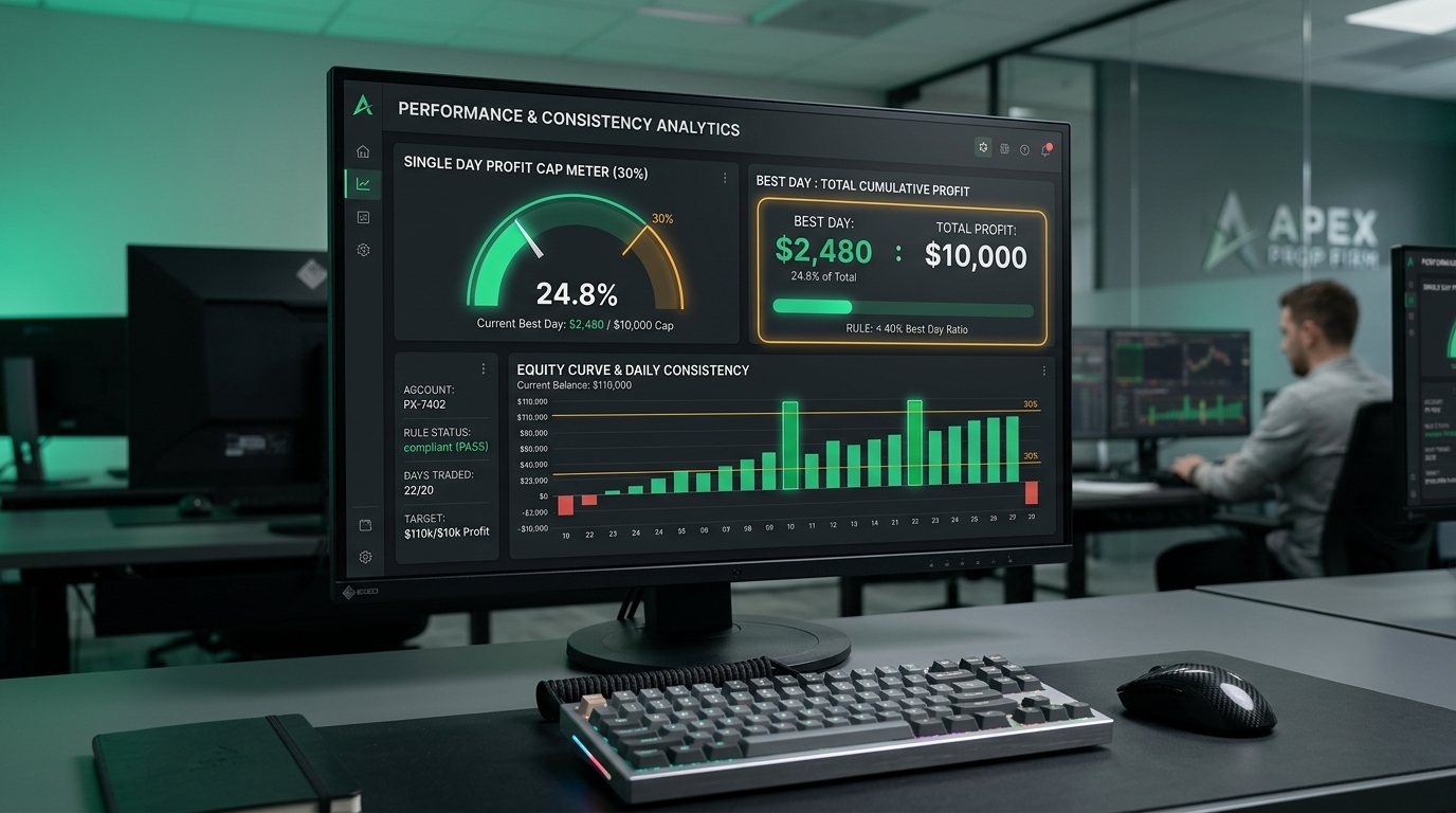 Prop firm consistency rule calculation dashboard showing single day profit cap gauge, equity curve, and daily balance consistency