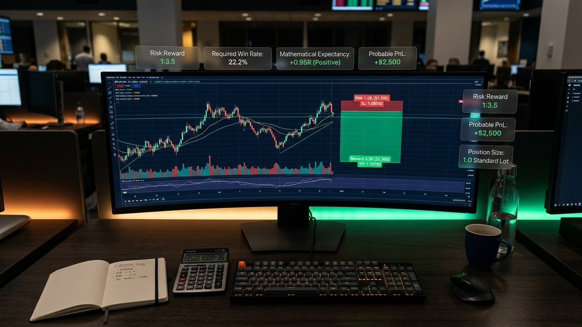 Professional trading workspace showing asymmetric 1:3.5 risk to reward ratio bracket on gold futures chart with positive expectancy analytics card