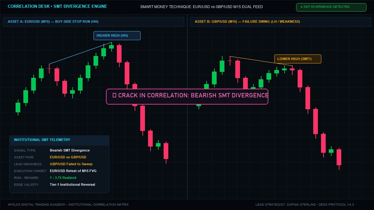 Institutional SMT Divergence trading strategy comparing correlated EURUSD and GBPUSD charts showing crack in correlation